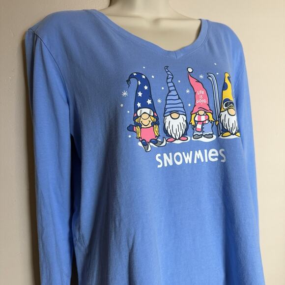 Life is Good Blue Crusher T Size Women’s Large V Neck “Snowmies”, L Slv. EUC - Picture 2 of 10